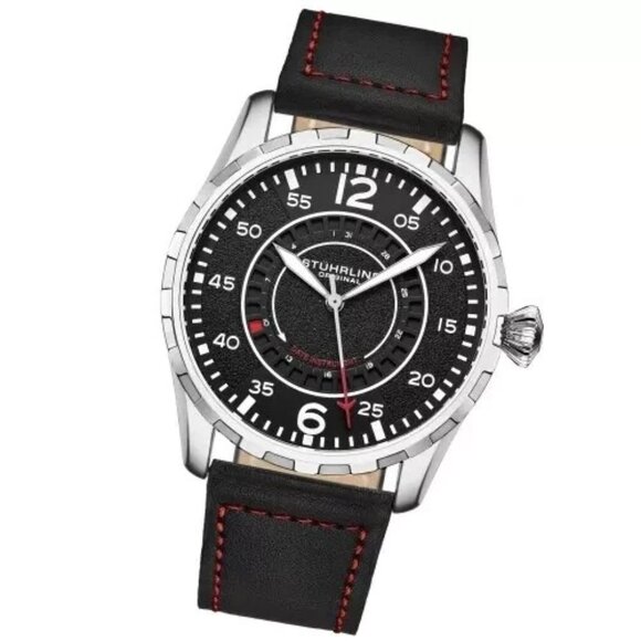Stuhrling 4002 1 Aviator Quartz Black Leather Strap Mens Watch - Picture 1 of 7